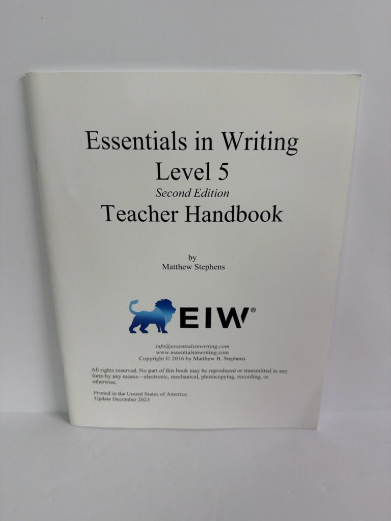 Essentials in Writing Level 5 EIW Teacher Handbook Pre-Owned Language Textbooks