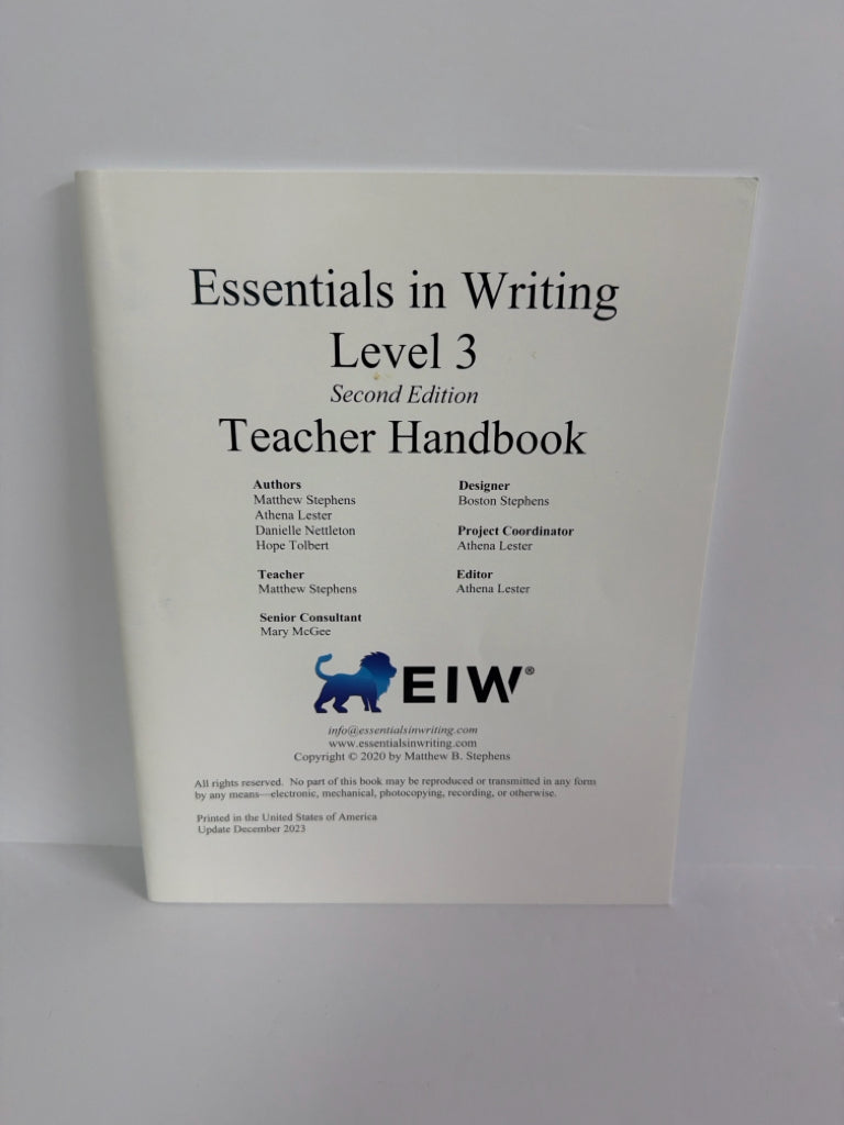 Essentials in Writing Level 3 EIW Teacher Handbook Pre-Owned Language Textbooks