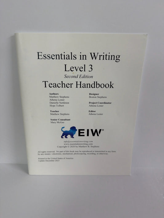 Essentials in Writing Level 3 EIW Teacher Handbook Pre-Owned Language Textbooks