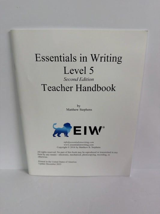 Essentials in Writing Level 5 EIW Teacher Handbook Pre-Owned Language Textbooks