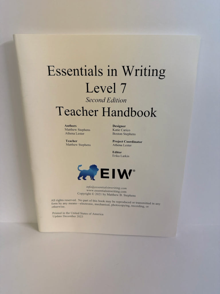 Essentials in Writing Level 7 EIW Teacher Handbook Pre-Owned Language Textbooks