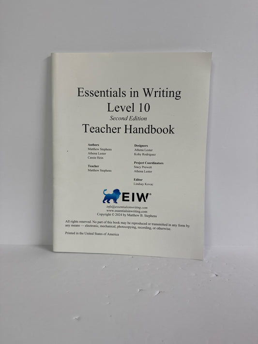 Essentials in Writing 10 EIW Teacher Handbook Pre-Owned Writing Textbooks